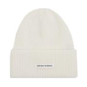 Emporio Armani Krämig Ull Beret med Vit Patch White, Unisex