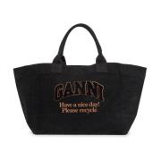 Ganni Denim Logo Toteväska med Broderad Logotyp Black, Dam