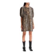 Ganni Leopardmönstrad Smocked Kjol Klänning Beige, Dam