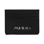 Marni Svart Läderkorthållare med Handsydd Logotyp Black, Unisex