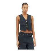 Ganni Fluffy Denim Vest med Guldtonsknappar Blue, Dam