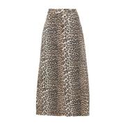 Ganni Leopardmönstrad Denim Midi Kjol Multicolor, Dam