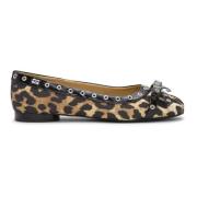 Ganni Leopard Eyelet Bow Ballerina Skor Brown, Dam