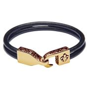 Nialaya Men's Black Leather Bracelet with Gold Fleur De Lis Lock Yello...