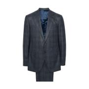 Caruso Navy Blue Wool Plaid Check Suit Blue, Herr