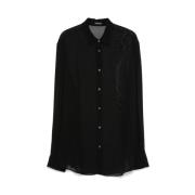 Ann Demeulemeester Svart Sidenskjorta med Broderat Motiv Black, Herr