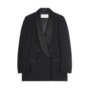 Dries Van Noten Svart ulljacka med satintrim Black, Dam