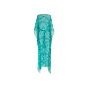 Roberto Cavalli Marmortryck Kaftan Klänning Båthals Blue, Dam