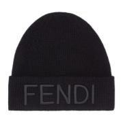 Fendi Svart Ull Beanie Mössa Broderad Black, Herr