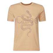 Chloé Beige Crew Neck T-shirt med Logo Beige, Dam