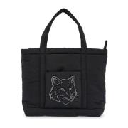 Maison Kitsuné Svart nylon toteväska med rävbroderi Black, Herr