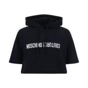 Moschino Monokrom Cropped Bomullshoodie med Dragsko Black, Herr