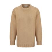 Chloé Monokrom Cashmere Sweater med Ribbad Crew Beige, Dam