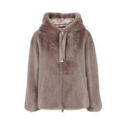 Herno Faux Fur Hooded Zipper Coat Brown, Dam