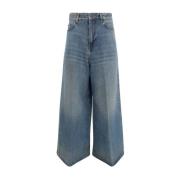 Haikure Wide-Leg Denim Jeans med Läder Patch Blue, Dam