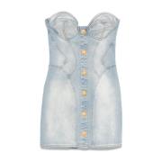 Balmain Ljusblå Strapless Sweetheart Neck Klänning Blue, Dam