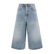 Haikure Denim Baggy Shorts med Läder Patch Blue, Dam