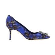 Manolo Blahnik Rutigt Mönster Kristallspänne Ull Pumps Blue, Dam