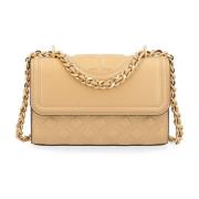 Tory Burch Liten Beige Läder Axelväska Fleming Beige, Dam