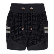 Balmain Monogrammönstrade sammetsshorts Blue, Dam