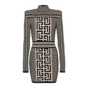 Balmain Monogramstickad högkrageklänning Black, Dam