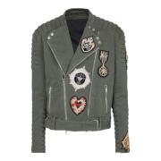 Balmain Denim Bikerjacka med broderade märken Green, Herr