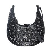 Pinko Månformad Brioche Hobo-väska med Strass Black, Dam