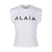 Alaïa Logo T-shirt i Svart och Vit White, Dam