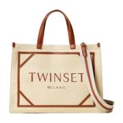 Twinset Canvas Shopper Väska med Logotyptryck Beige, Dam