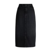 Hugo Boss Svart Denim Midi Kjol med Slits Black, Dam