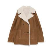 Yves Salomon Shearling Trim Double-Breasted Outerwear Brown, Dam