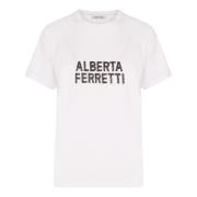 Alberta Ferretti Rhinestone Logo Bomull T-shirt White, Dam