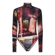 Jean Paul Gaultier Röd Velvet Bodysuit med Pigalle Print Multicolor, D...