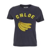 Chloé Blå Crewneck T-shirt med Logo Print Blue, Dam