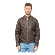 YES ZEE Brun Läderjacka Fullzip Knappar Fickor Brown, Herr