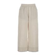 Brunello Cucinelli Beige Linne Crop Byxor med Monile Dekorationer Beig...