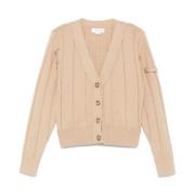 Victoria Beckham Beige Ribbstickad Kofta med knappar Beige, Dam