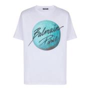 Balmain Tryckt Paris-logotyp och planet T-shirt White, Herr