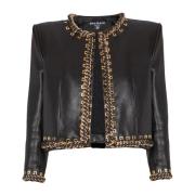 Balmain Lammskinn kant-till-kant jacka med kedjetrim Black, Dam