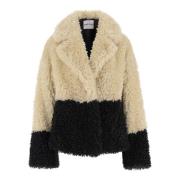 STAND STUDIO Faux Fur Revers Jacka Färgblock Design Beige, Dam