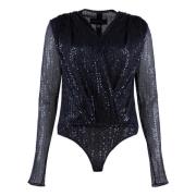 TALBOT RUNHOF Glittrande Sequin Deep V Neck Bodysuit Blue, Dam