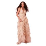 LOVESHACKFANCY Glitter Tulle Halter Maxi Klänning Beige, Dam