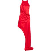 DAVID KOMA Röd Satin Asymmetrisk Klänning Red, Dam