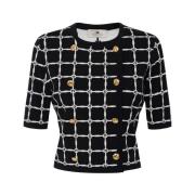 Elisabetta Franchi Jacquard Logo Kofta med Gyllene Knappar Black, Dam