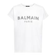 Balmain Eko-designad bomullst-shirt med rhinestone-logotyp White, Dam