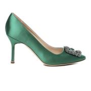 Manolo Blahnik Gröna satin pumps med kristallspänne Green, Dam