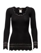Silk T-Shirt Medium Ls W/Wide Lace Black Rosemunde