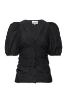 Jacquard Organza Gathered V-Neck Blouse Black Ganni