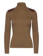 Faux-Leather-Trim Ribbed Turtleneck Brown Lauren Ralph Lauren