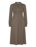 V-Neck Cotton Smock Dress Brown Bubbleroom